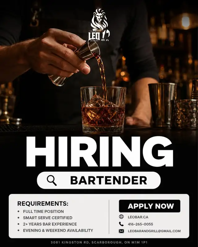 Hiring: Full-Time Bartender! Must have 2  years experience