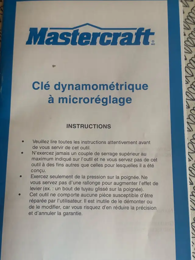CLÉ DYNAMOMÉTRIQUE À MICRORÉGLAGE 1 /2 Mastercraft
