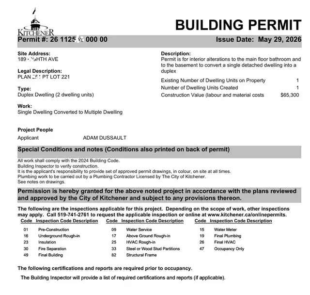 Legal Basement Unit - BCIN Stamped Drawings for Permit