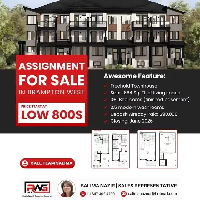 ASSIGNMENT SALE IN BRAMPTON TOWN HOUSE FREEHOLD