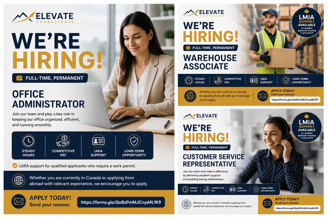 Multiple Positions (LMIA Approved / Work Permit Sponsorship)