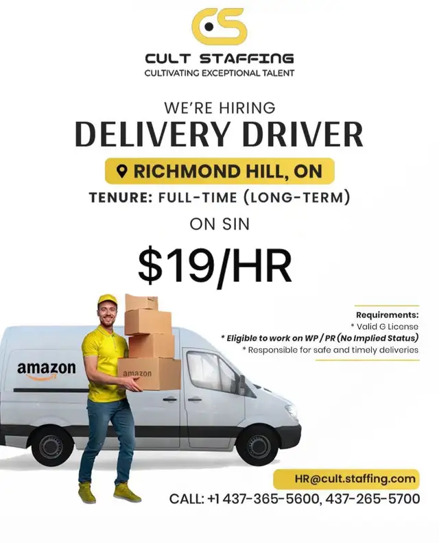 Delivery Driver – Full-Time | Richmond Hill | $19/hr | G License