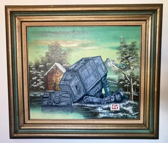 Starwars AT-AT painted on an old thrift store landscape painting