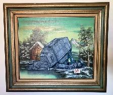 Starwars AT-AT painted on an old thrift store landscape painting