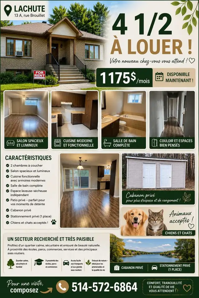Magnifique 4 ½ à louer à Lachute Secteur paisible 1 175 $/mois