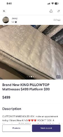 Brand New KING PILLOWTOP Mattress $499 Platforms $99 Delivery - Photo 2