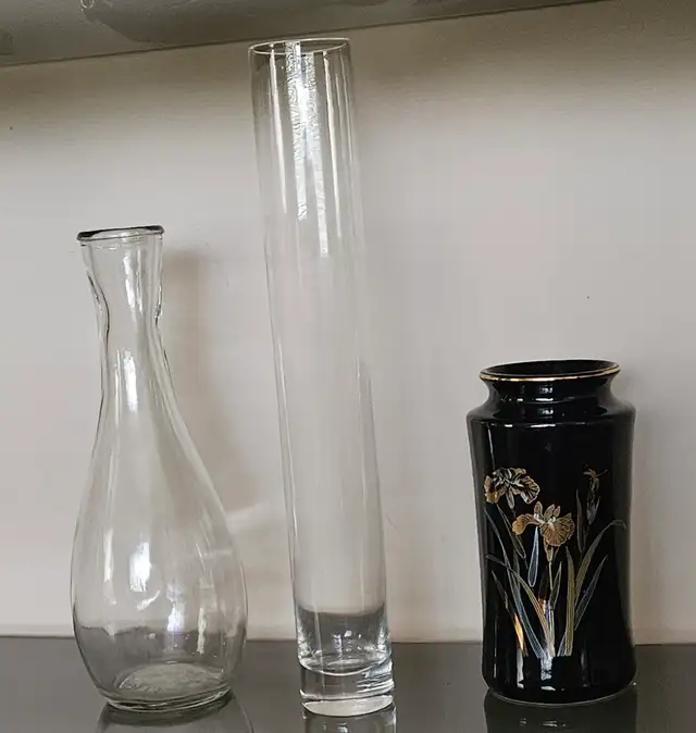 Three (3) Vases, one price. 2 glass and one Japanese.