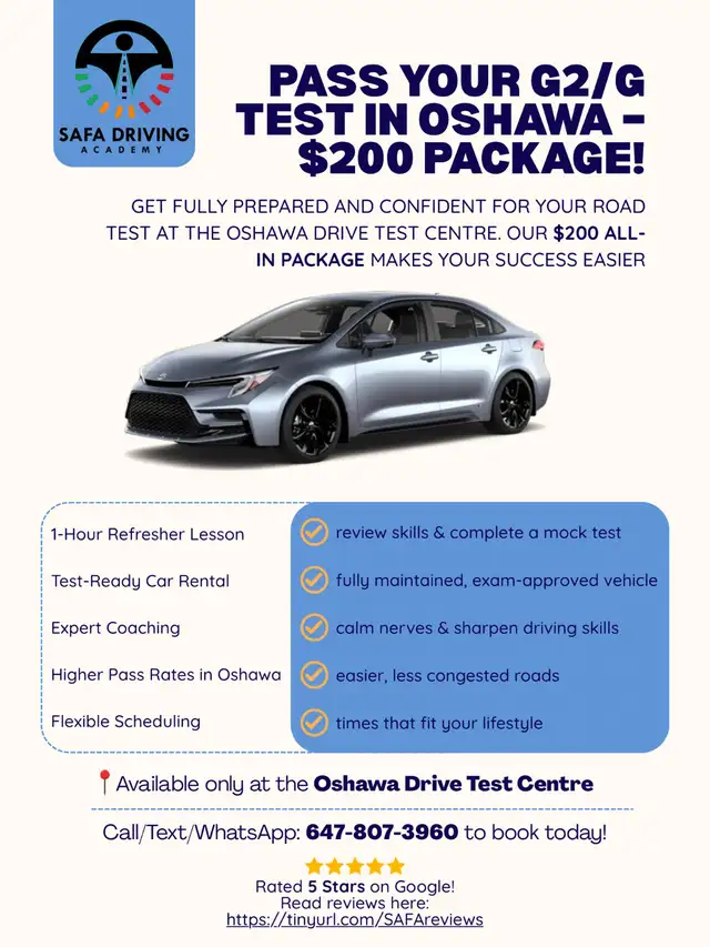 $200 G2/G Road Test Package – Car   1-Hour Lesson (Oshawa)