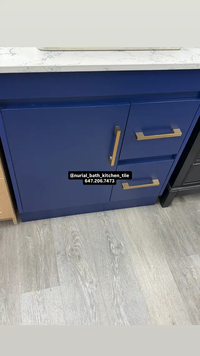 Blue Vanity, Kitchen Cabinet, Countertop, Mirror
