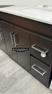 Brown Vanity, Kitchen Cabinet, Countertop, Toilet, Mirror ll