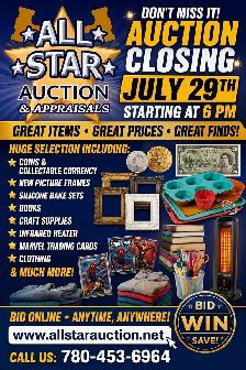 EDMONTON:  Timed Online Consignment Auction - July 29th @ 6 pm