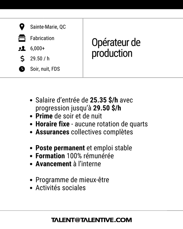 Opérateur de production - soir | nuit | FDS - jusqu'à $29.50/h