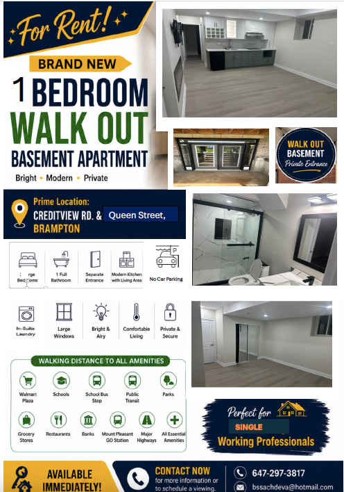 BRAND NEW LEGAL 1-BEDROOM BASEMENT APARTMENT – BRAMPTON