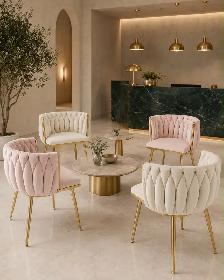 Modern Velvet Dining Chairs – Pink & Off-White