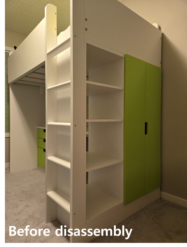 IKEA loft bed (white/light green) with desk, closet and 3 drawer
