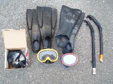SCUBA DIVING - FLIPPERS, MASK AND SNORKEL  - 2 SETS
