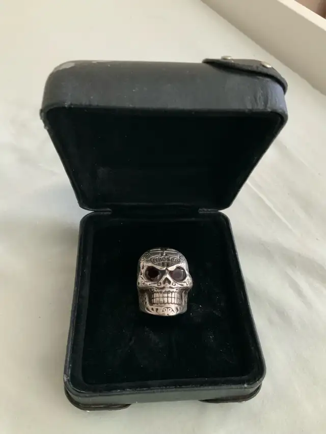 King Baby Large Skull Ring with Chosen Cross & Garnet Eyes