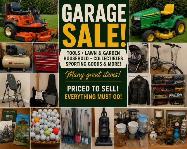 Garage Sale – Tools, Lawn Equipment, Collectibles, Household