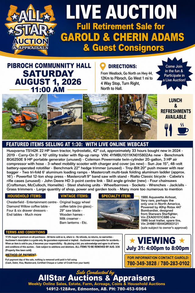 Retirement Auction for Garold & Cherin Adams - Aug 1st @ 11 am
