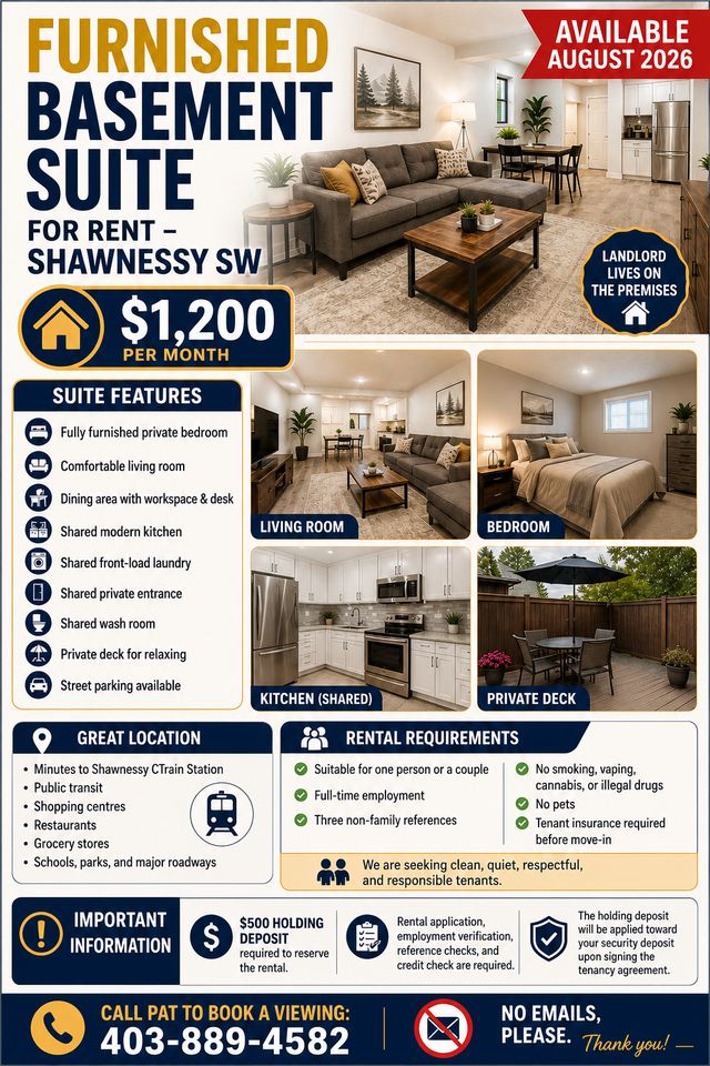 Available  Furnished Basement suit for Rent Shawnessy SWessy SW