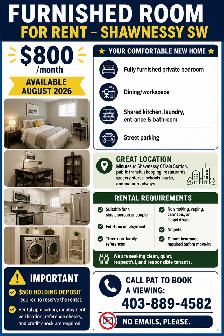 Available immediately Furnished Room for Rent Shawnessy SW