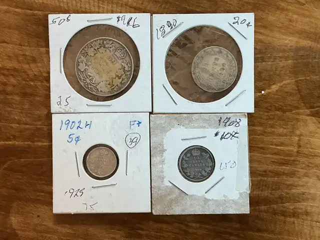 Antique CANADIAN Coins 1890 20c, 1902 5c,  1908 10c, 1916 50c !
