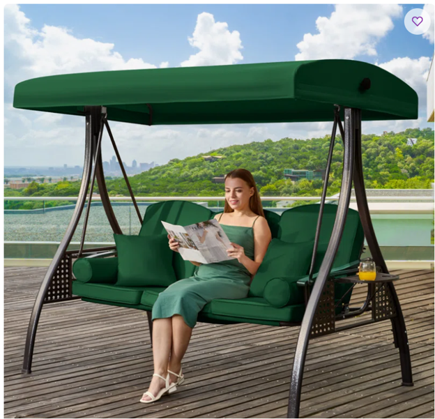 3-Seat Patio Porch Swing with Adjustable Canopy