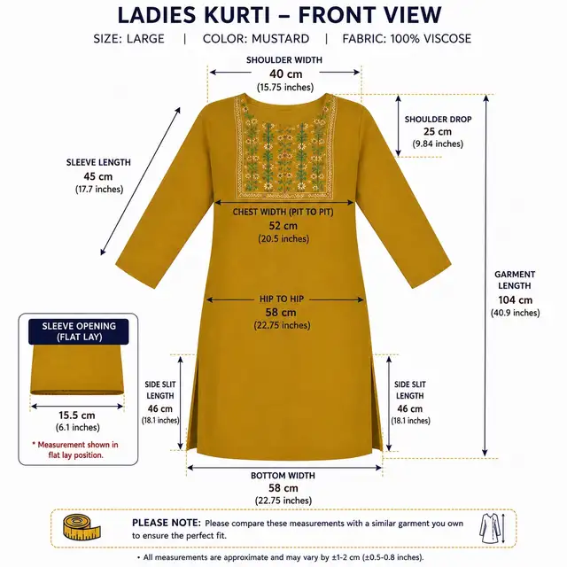 Brand New Mustard Indian Ladies Kurti | Viscose | Size Large