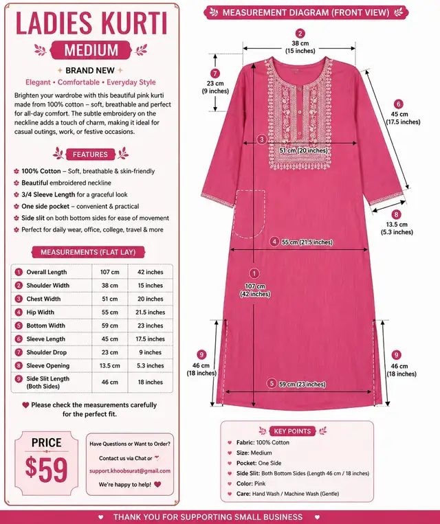 Brand New Pink Indian Ladies Kurti | 100% Cotton | Medium