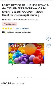 LG 65' UT7000 4K UHD HDR LED AI Smart TV