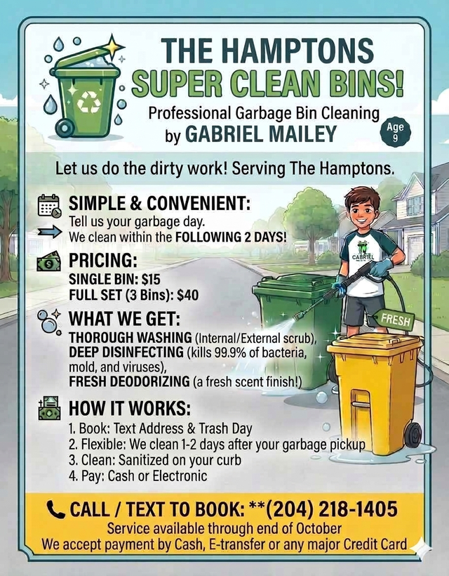 Garbage Bin Cleaning Service – THE HAMPTONS ONLY (Age 9)