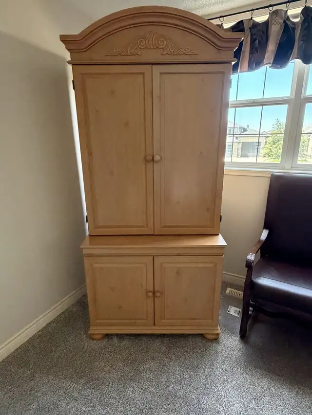 Fold-Out Armoire Computer Desk / Office Hutch - With Chair & Mat