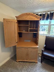 Fold-Out Armoire Computer Desk / Office Hutch - With Chair & Mat - Photo 2