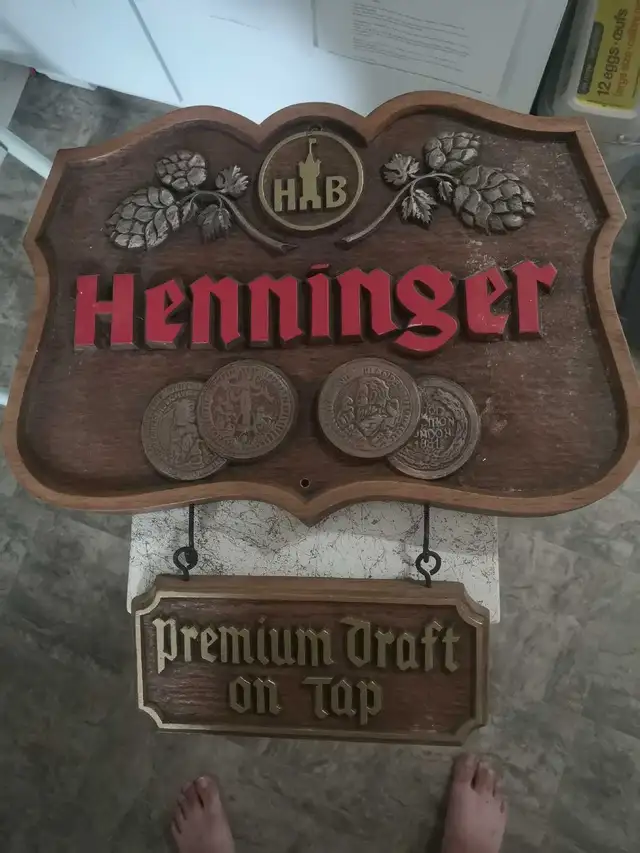 Vintage Henninger Premium Draft On Tap Hanging Bar Sign
