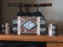FABULOUS LOOKING 3 PIECE ART DECO FRENCH MARTI MARBLE CLOCK SET - Photo 2