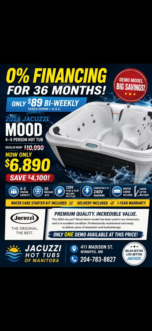 Jacuzzi Brand 5 person hot tub with  0% Financing