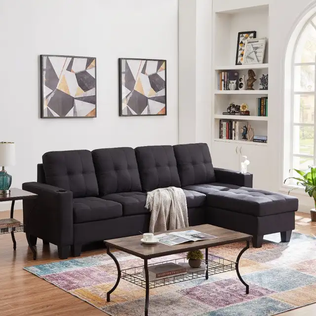 Black Fabric 2 Pc Reversible Sectional Sofa Couch