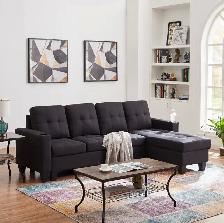 Black Fabric 2 Pc Reversible Sectional Sofa Couch