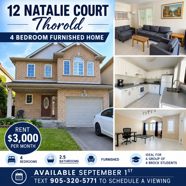 4 BEDROOM OFF CAMPUS HOUSING FOR BROCK STUDENTS IN THOROLD!