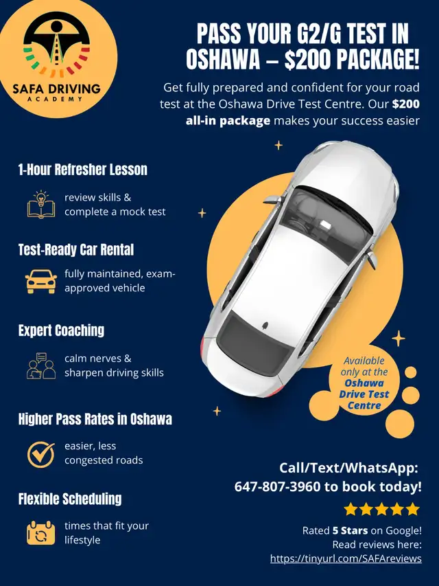 $200 G2/G Road Test Package – Car   1-Hour Lesson (Oshawa)
