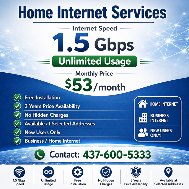 1.5 Gbps Home Internet | Unlimited Usage | Free Installation|$53