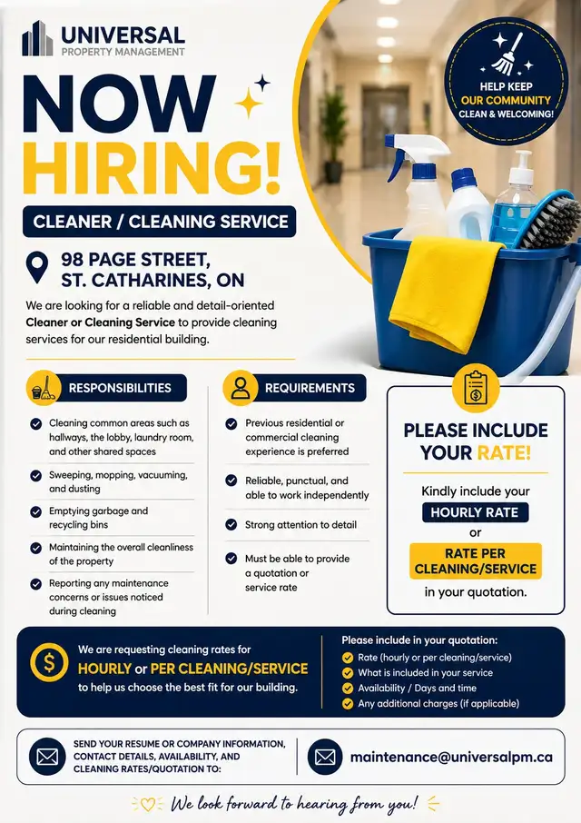 NOW HIRING – CLEANER / CLEANING SERVICE