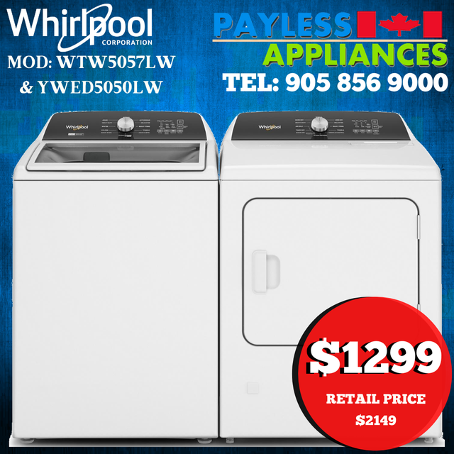 Whirlpool Top Load Washer & Dryer Pair Sale WTW5057LW, YWED5050L