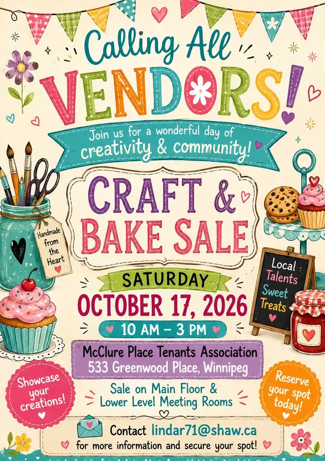 Calling all Vendors! Craft and Bake Sale on October 17, 2026.
