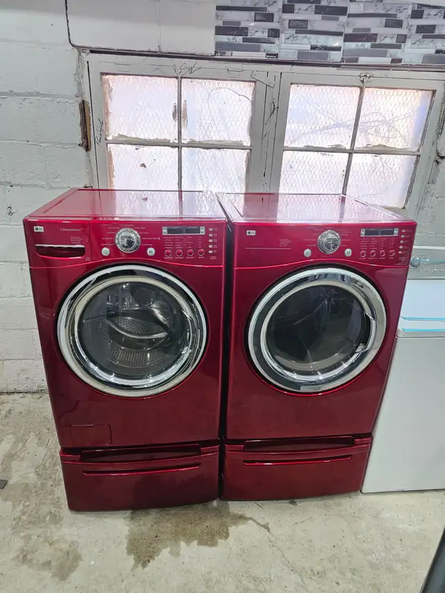 CHERRY RED LG 27' Front-Load Stackable Washer Dryer W/ Pedestals