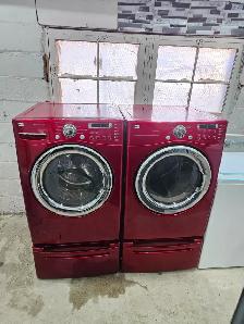 CHERRY RED LG 27' Front-Load Stackable Washer Dryer W/ Pedestals