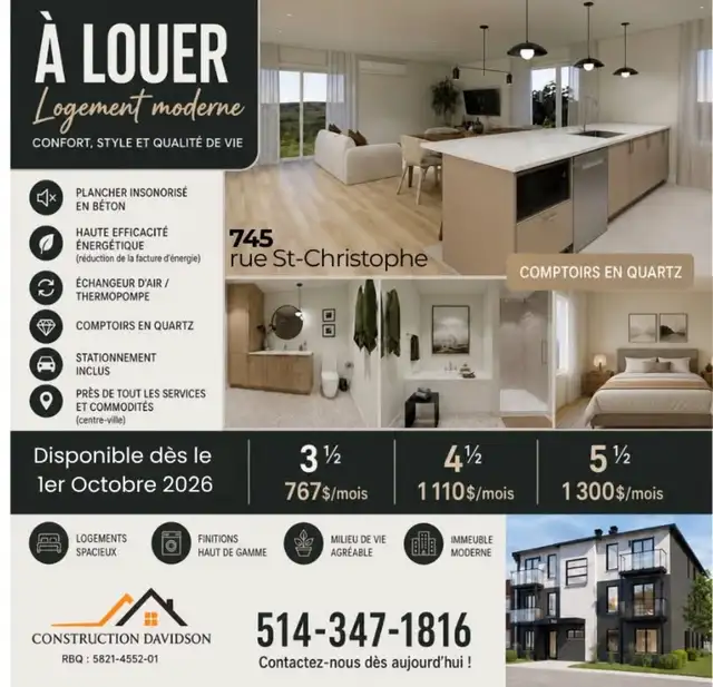 ✨6 appartements neufs à louer à Trois-Rivières