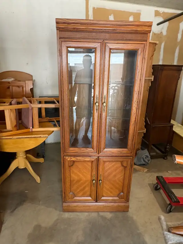 Free delivery used Oak China Cabinet with Glass Doors