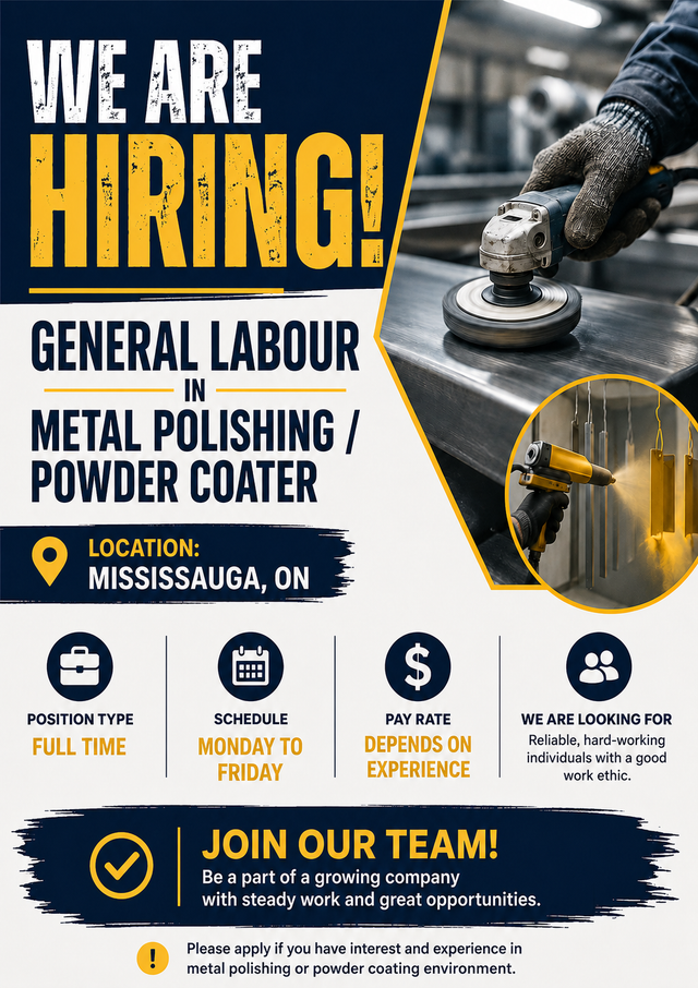 General Labour – Metal Polishing / Powder Coating | Full-Time |