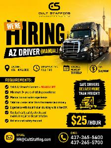 Hiring AZ Driver (Manual) – $25/Hour | Full-Time | GTA (401 &